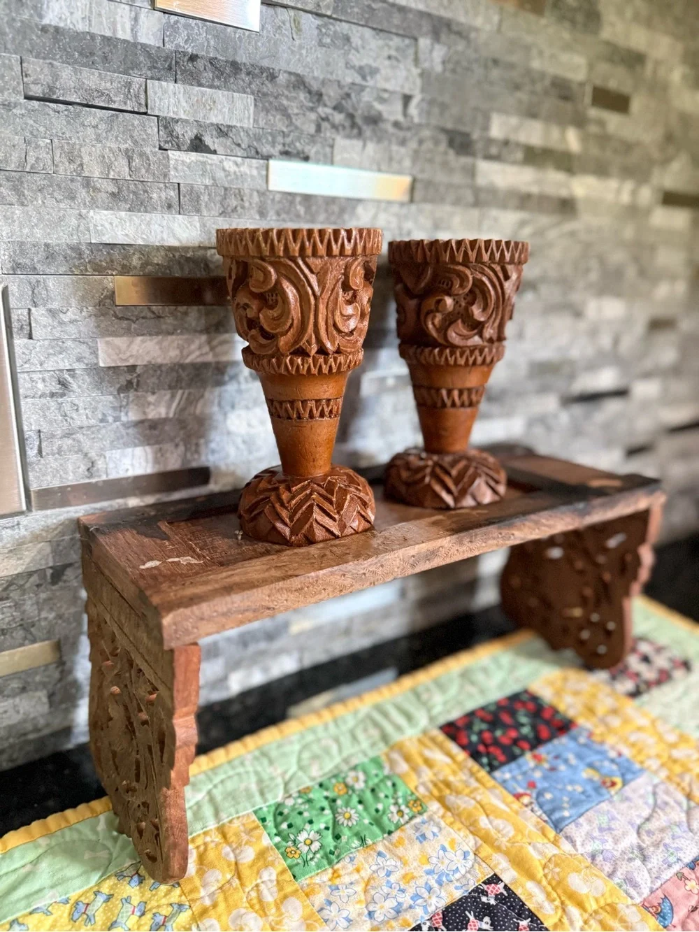 Vintage Boho Teakwood Tray and Candleholders Set